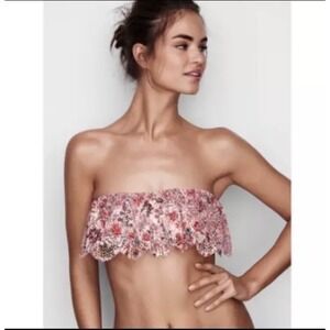 Victoria Secret Bandeau Bra Womens XS Pink Floral Strapless Ruffle Flounce Lace